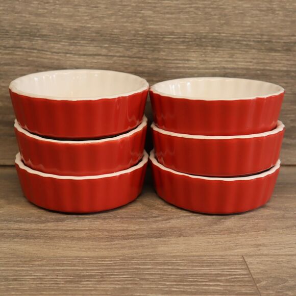 Set Of 6 Royal Norfolk Round Red & White Ribbed Baking Dishes 5” - Picture 1 of 12